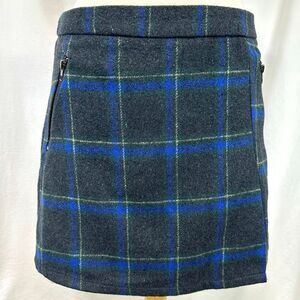 Dee Dee Wool Gray Blue Plaid Mini Skirt Pockets Side Slit Womens L Preppy Grunge